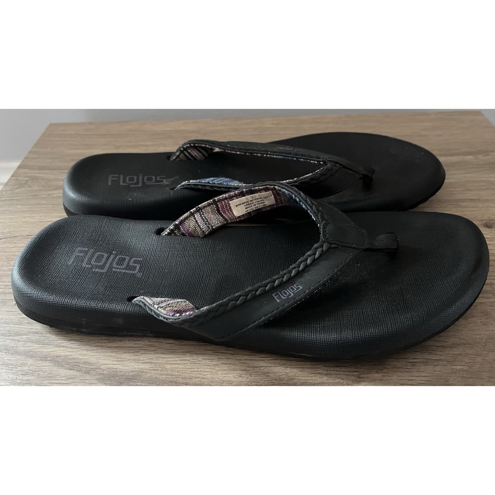 Flojos Women's Sandals w Memory Foam Flop Flops Solid Black Braided Trim W2
